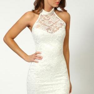 Sexy White Mini Party Evening Prom Lace Dress..