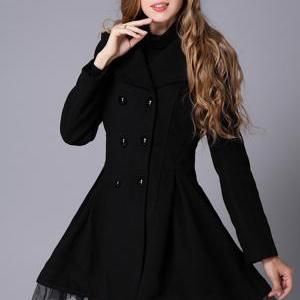 Black Winter Autumn Wool Coat Woolen Jacket Women..