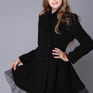 Black Winter Autumn Wool Coat Woolen Jacket Women..