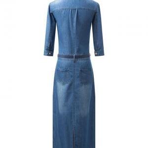 Blue Elegant Long Slim Fitted Denim Dress Half..