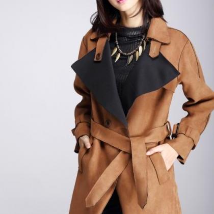 Fashion Dark Khaki Trench Coat For Women Double Breasted Turn Down ...
