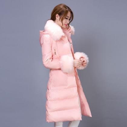 Pink Fur Collar Long Winter Duck Down Coat Jacket..