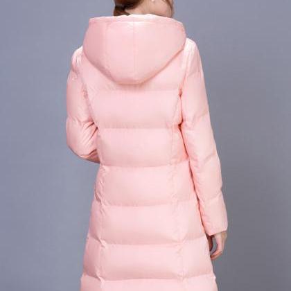 Pink Fur Collar Long Winter Duck Down Coat Jacket..