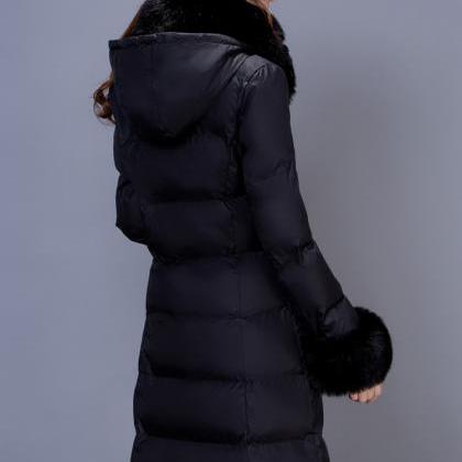 Black Thicken Warm Winter Long Duck Jacket Hooded..