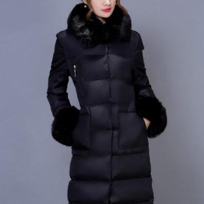 Black Thicken Warm Winter Long Duck Jacket Hooded..