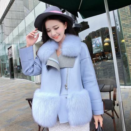 Blue Faux Fur Collar Leather Coat Women Winter..
