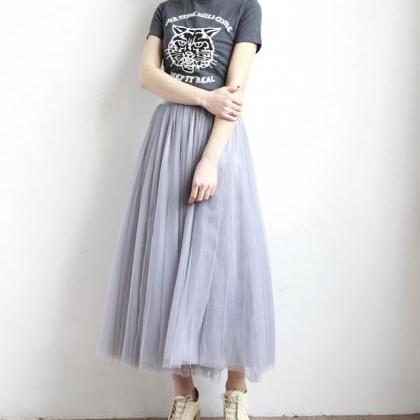 Grey Multi Layered Midi Tulle Skirt With Elastic..