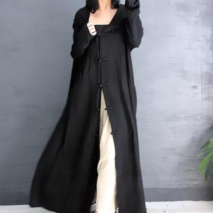 Big Hood Witch Coat Button Up Black Cotton Linen..