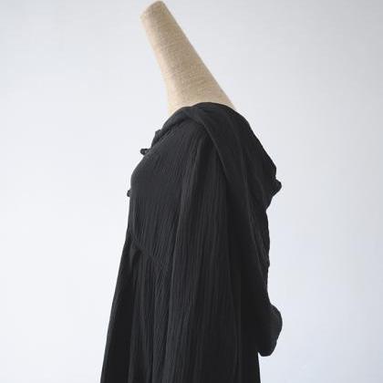 Big Hood Witch Coat Button Up Black Cotton Linen..