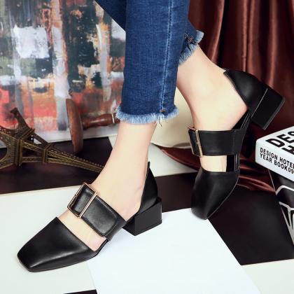 Leather Square-toe Buckle Low Chunky Heel