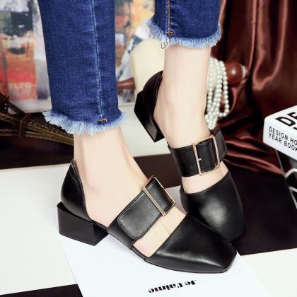 Leather Square-toe Buckle Low Chunky Heel