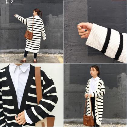 Striped Long Knit Cardigan Outerwear Sweater