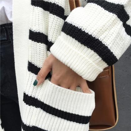 Striped Long Knit Cardigan Outerwear Sweater