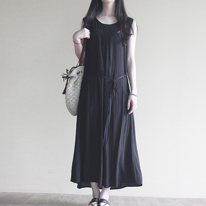Simple Long Linen Cotton Loose Dress Sleeveless Elegant Casual Dress Oversize Black Sd410-2