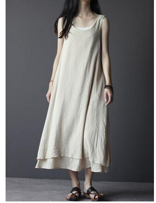 Vintage Linen Cotton Elegant Sleeveless Long Loose Shift Dress - Beige ...