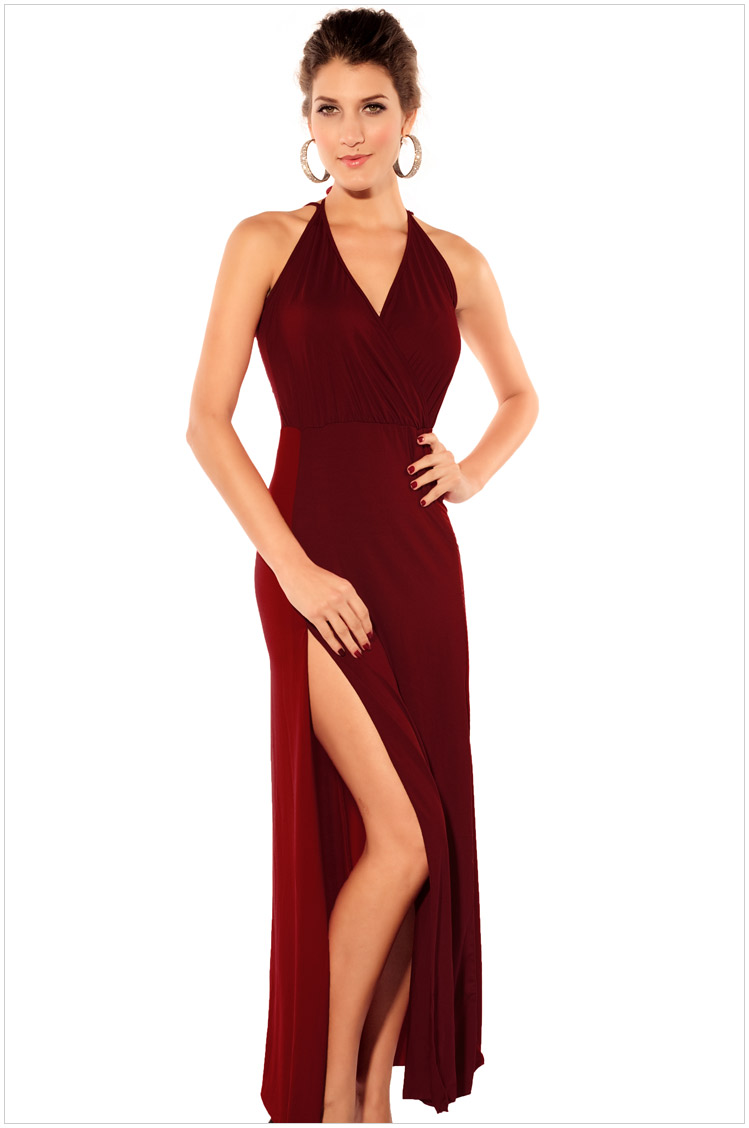 Sexy Wine Red Deep V Slit Prom Party Evening Dress For Women Sd385