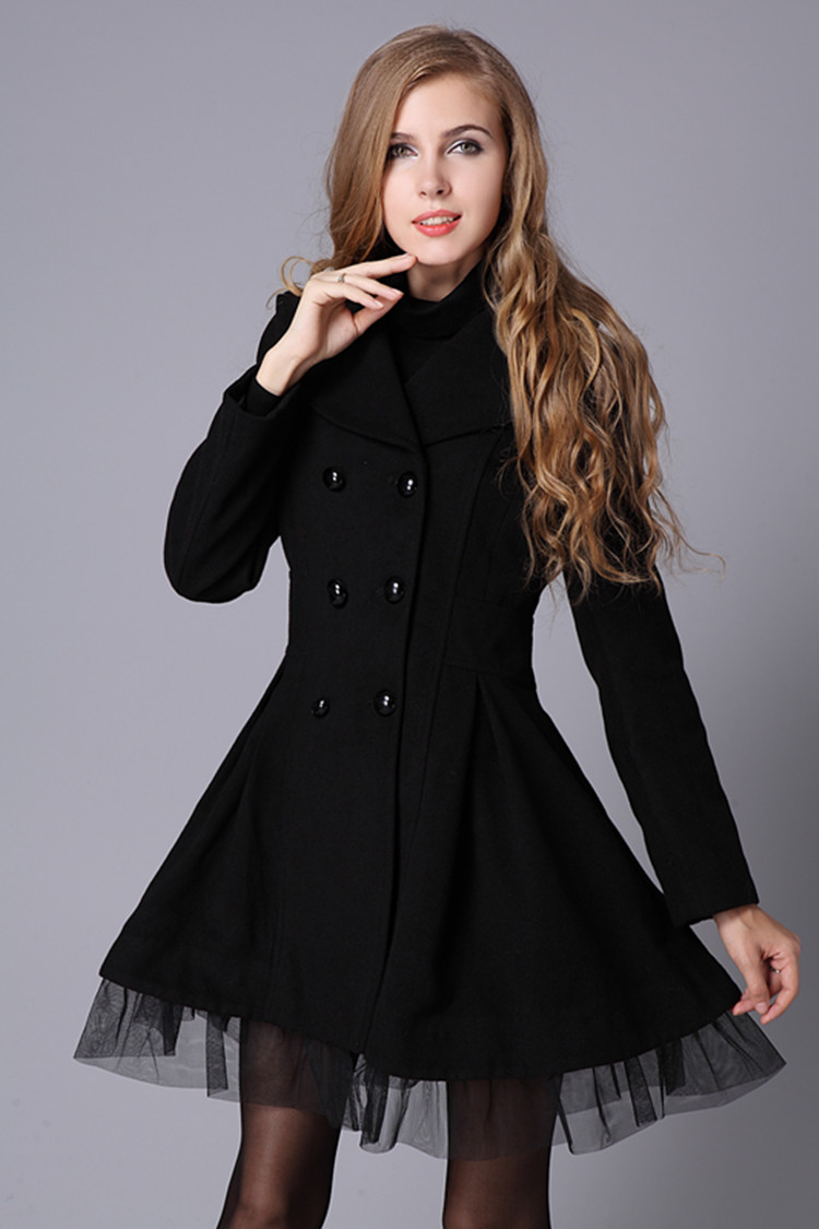 Black Winter Autumn Wool Coat Woolen Jacket Women Overcoat Wc071-2