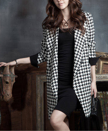 White And Black Plaid Long Blazer Style Trench Coat For Women Fashion ...