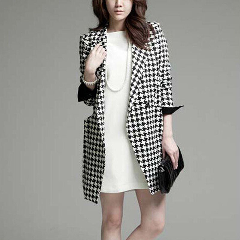 White And Black Plaid Long Blazer Style Trench Coat For Women Fashion ...