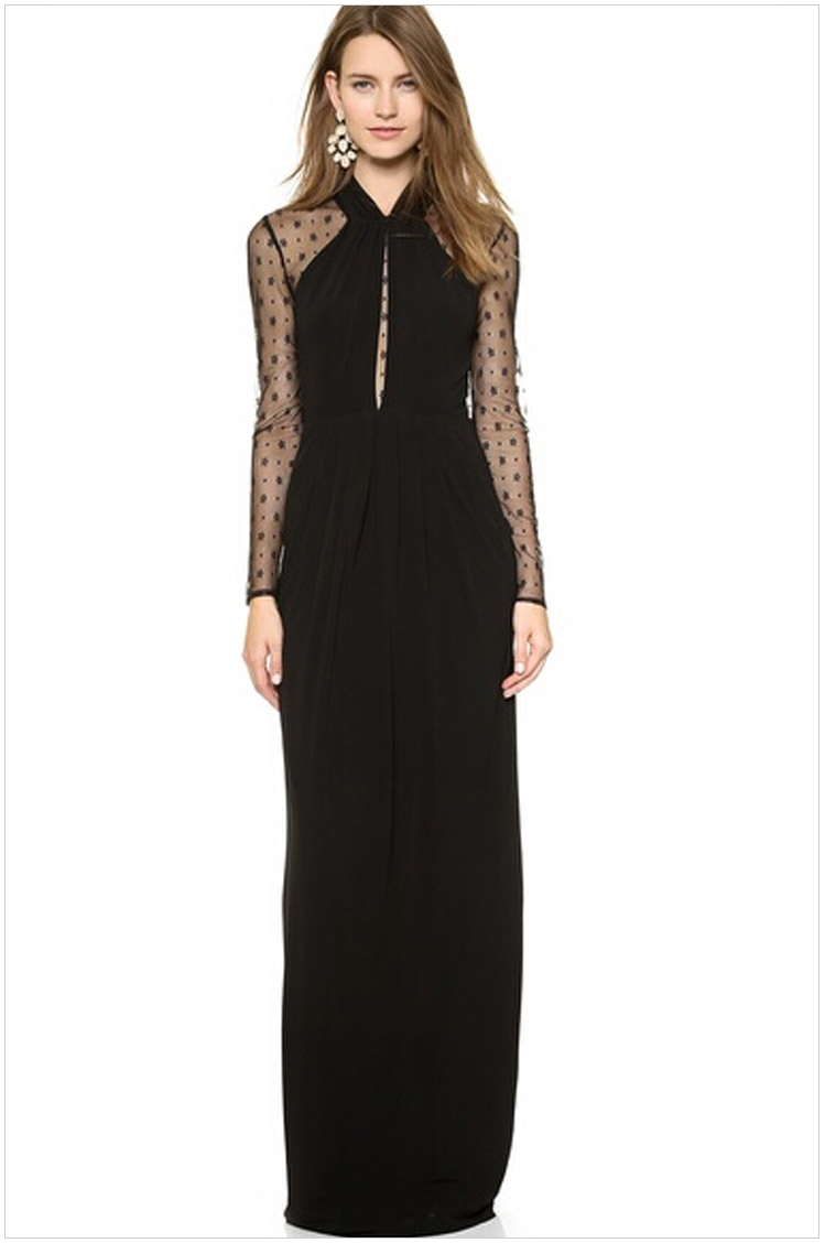 Black Long Chiffon Evening Dress Featuring Halter Bodice with Mesh Long Sleeves