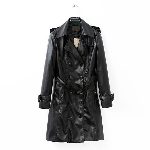 PU Leather Double Breasted Long Trench Coat Overcoat WC043 on Luulla