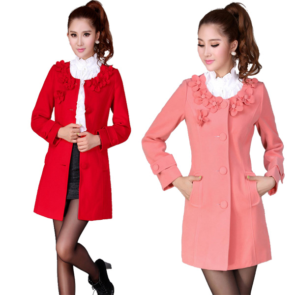 Flower Collar Pink Red Cashmere Wool Coat Jacket WC058
