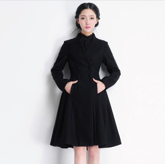 Double Breasted Long Swing Black Coat Dress Wool Coat Jacket Winter ...