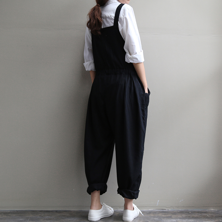 Black Jumpsuit Suspenders Slacks Women Loose Wide Leg Pants Cotton ...