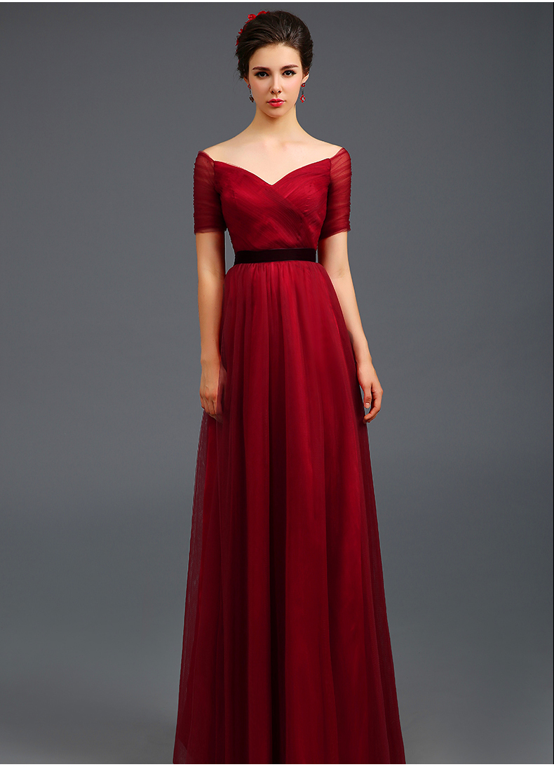 Wine Red Deep V-neck Long Evening Dress Off The Shoulder ...