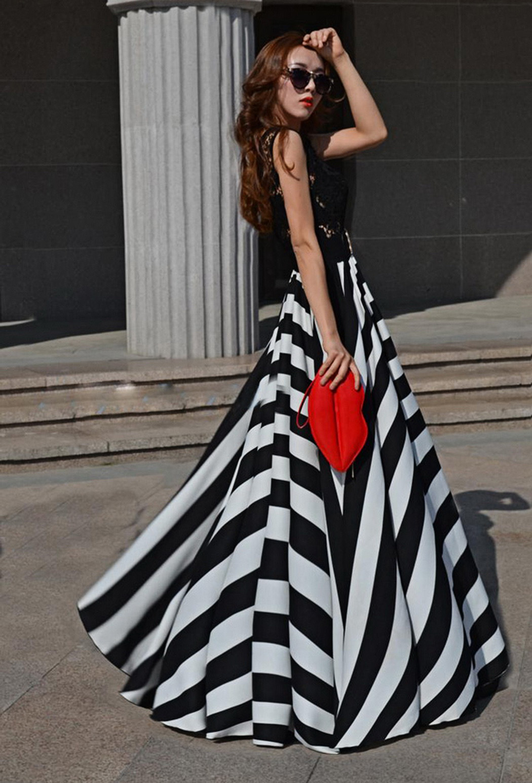 Sexy Patchwork Black Lace Stripe Swing Maxi Long Dress Summer Sundress ...