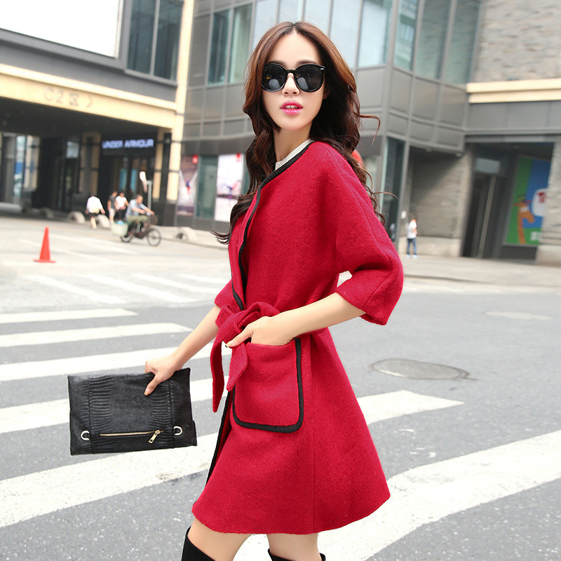 Woolen Lapel Tie Long Coat