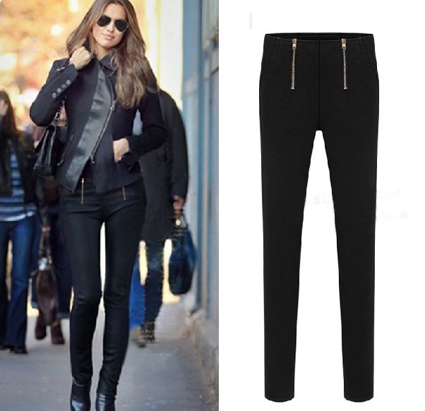 Black Slim Fit Stretchy Leggings Pants with Double Zipper Detailing 