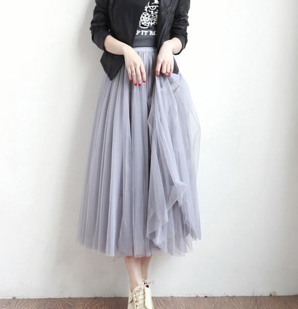 Grey Multi Layered Midi Tulle Skirt With Elastic Waistband