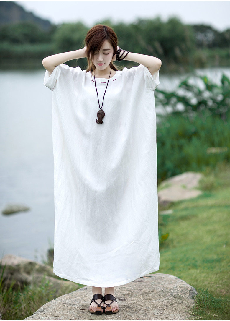 White Oversized Kaftan Dress Bat Wing Sleeve Loose Dress Extravagant Caftan Cotton Linen Abaya Plus Size Clothing Sd492