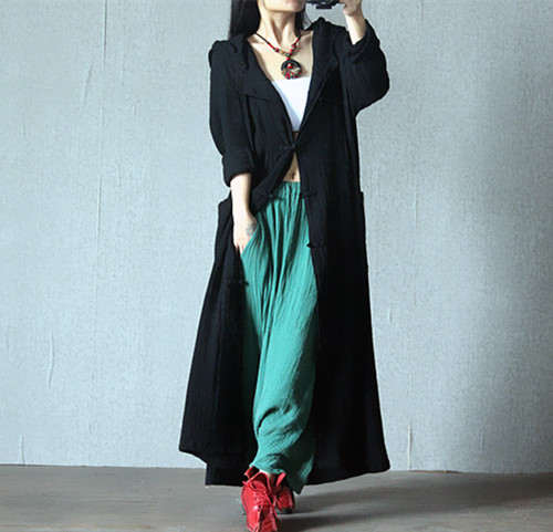 Big Hood Witch Coat Button Up Black Cotton Linen Outfit Cape Magic Cloak Loose Fitting Top Wj347
