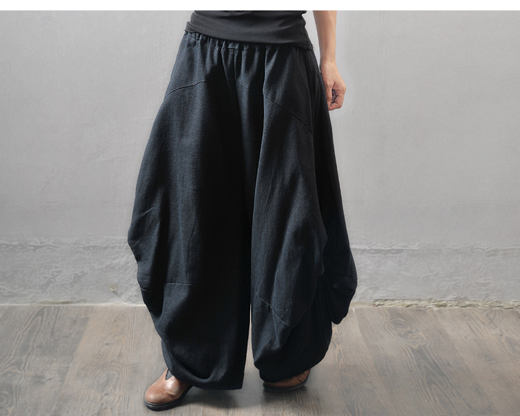 Black Harem Pants Side Ruffle Loose Pants Linen Wide Leg Pants Elastic ...