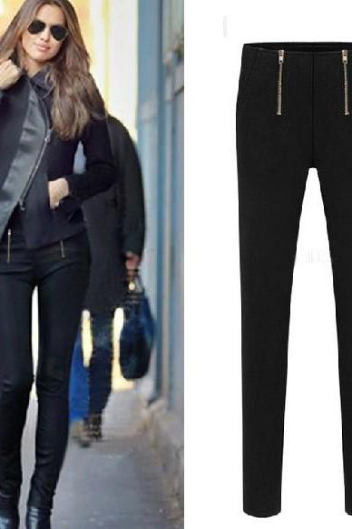 Black Slim Fit Stretchy Leggings Pants with Double Zipper Detailing 