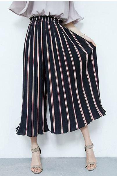 Striped Summer Fashion Wide Leg Pants Flax Ruffle High Waist Loose Causal Wide-legged Trousers Pl017