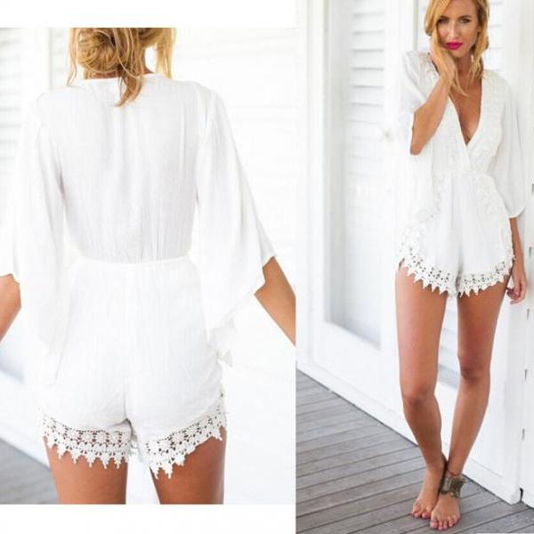 White Deep V Sexy Jumpsuit Romper Sd461-1 on Luulla