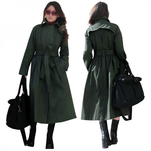 Army Green Cotton Long Trench Coat Women Overcoat Jacket Outerwear