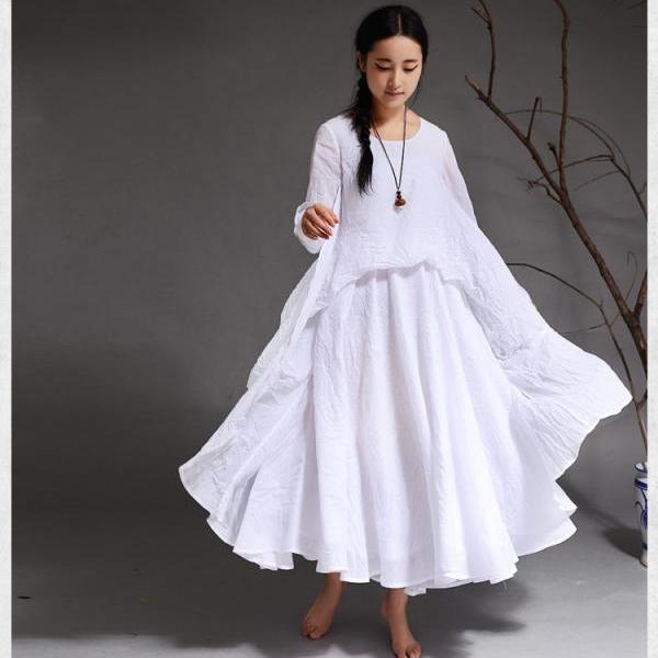 Long Sleeve Cotton Linen Dress Elegant 