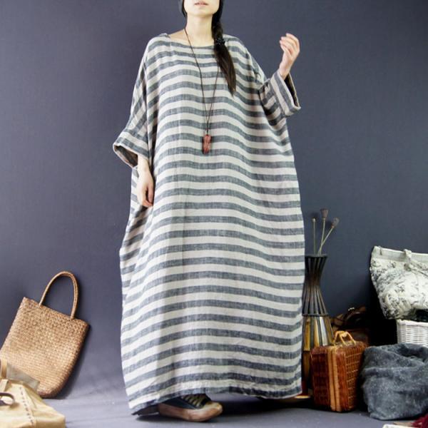 Women/'s Cotton Linen Dress Loose Robe Kaftan Round Neck Maxi Striped Dresses