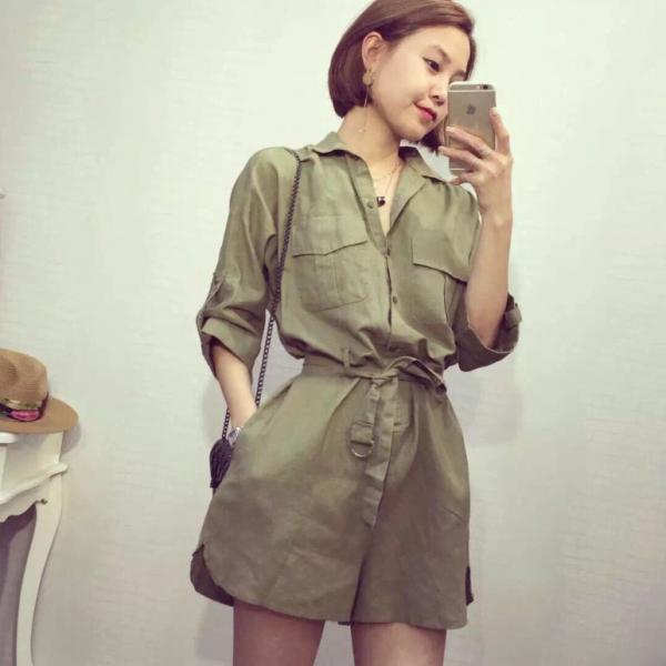 Army Green Shirt Design Jumpsuit Shorts Romper Playsuit Outfit With