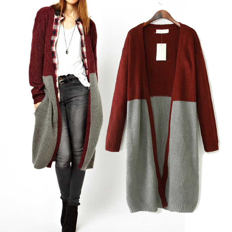 Two Tone Long Knitting Cardigan Sweater Coat Top Wc017 on Luulla