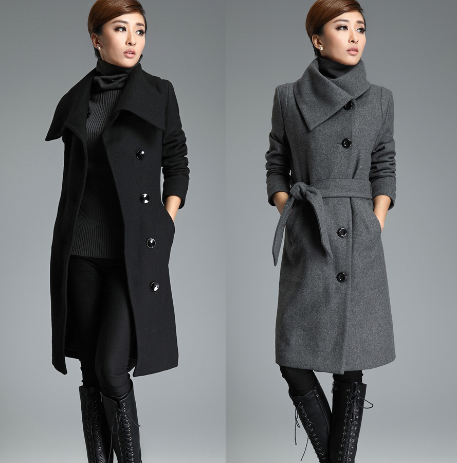 Gray Long Wool Trench Coat Tie Belt Lapel Winter Warm Thick Woolen Jacket Cashmere Overcoat