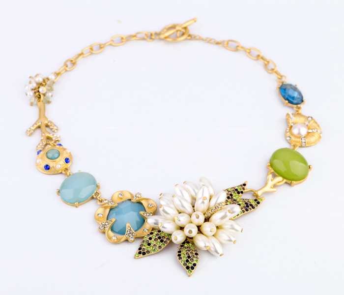 Unique Design Pearl Flower Choker Necklace Crystal Gem Stone Statement ...