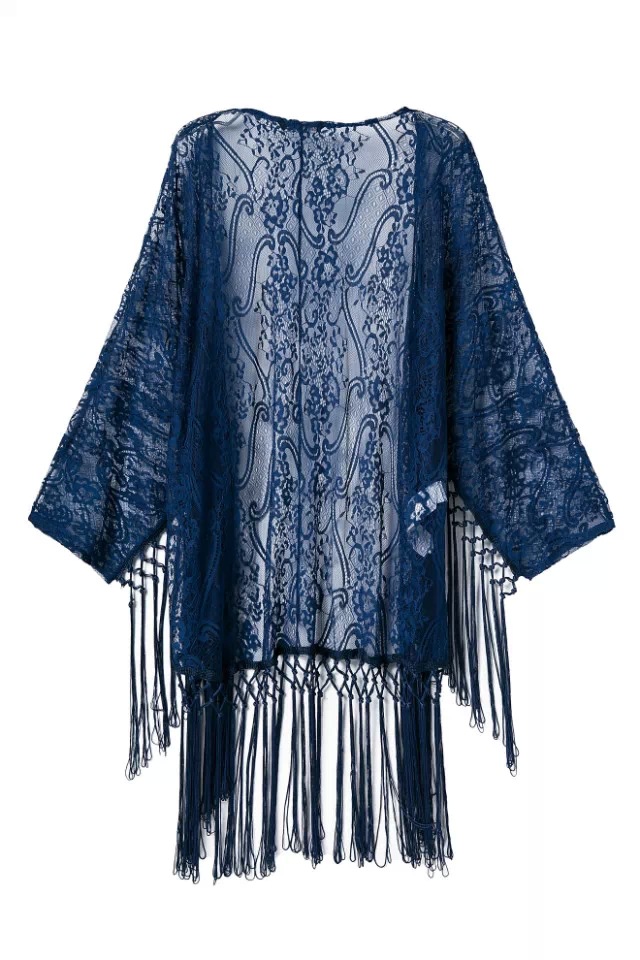 Blue Tassel Crochet Lace Kimono Cardigan WJ314 on Luulla