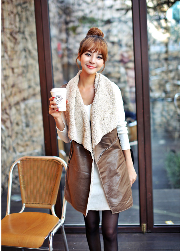 Brown Womens Leather Vest Fleece Jacket on Luulla